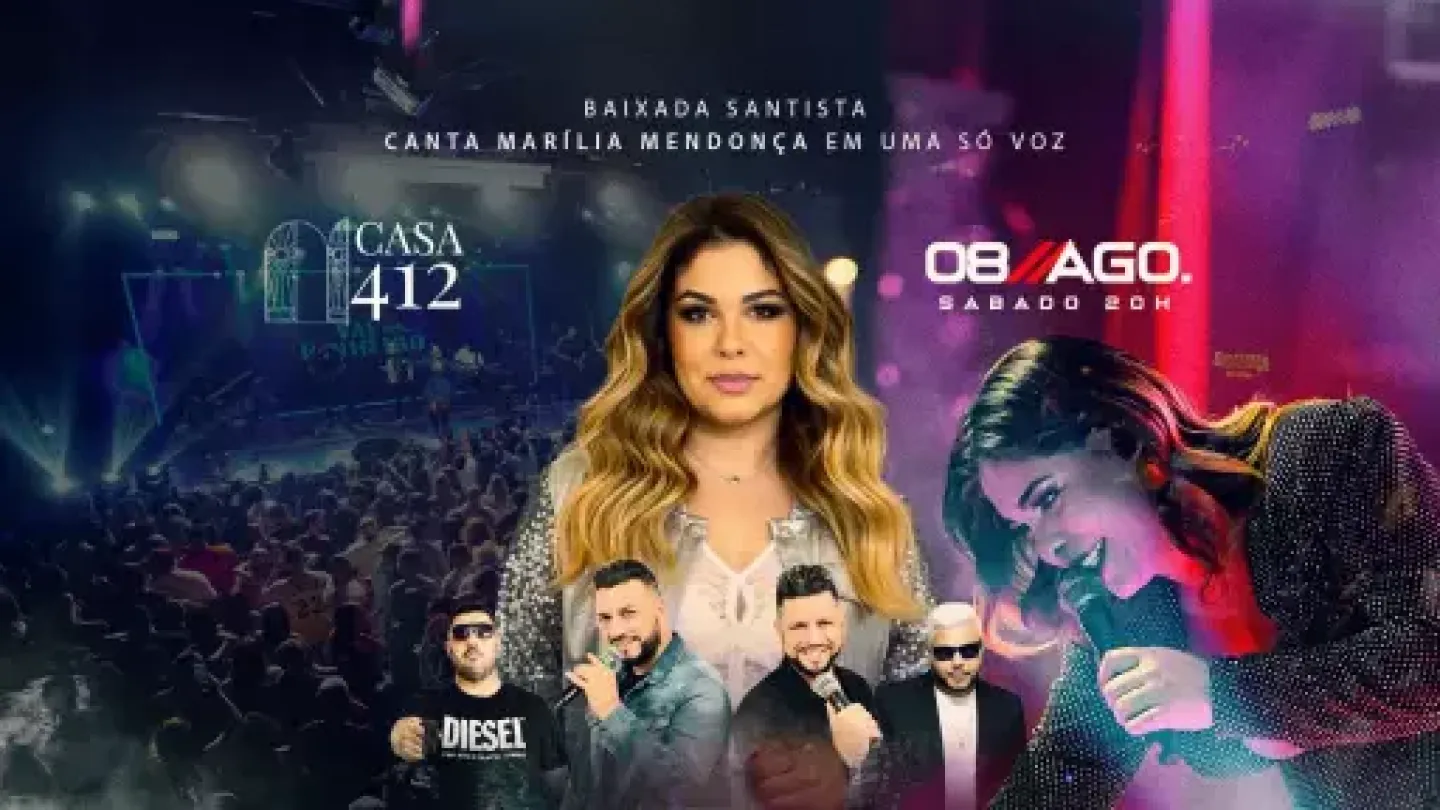 Cartaz promocional de um tributo a Marília Mendonça em Santos. Ao centro da arte aparece uma cantora de cabelos longos e ondulados, enquanto à direita há a imagem de uma artista se apresentando no palco com um microfone em mãos, em meio a luzes coloridas. A composição destaca o nome da atração principal, Val Pinheiro, além de músicos convidados e informações do evento.
