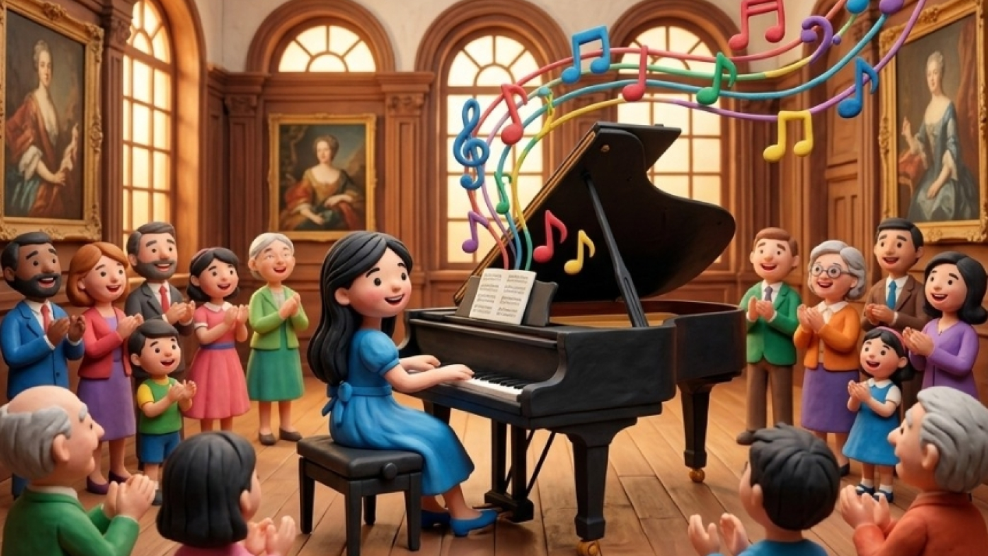 Peça promocional de um recital voltado a jovens talentos da música. A cena retrata o interior de um salão clássico, com grandes janelas arqueadas, pisos de madeira e retratos históricos nas paredes. No centro, uma menina toca um piano de cauda enquanto familiares e convidados de diferentes idades acompanham a apresentação com entusiasmo. Notas musicais multicoloridas flutuam sobre o instrumento, reforçando o caráter artístico e educativo do evento. A estética ilustrada e acolhedora transmite a ideia de desc