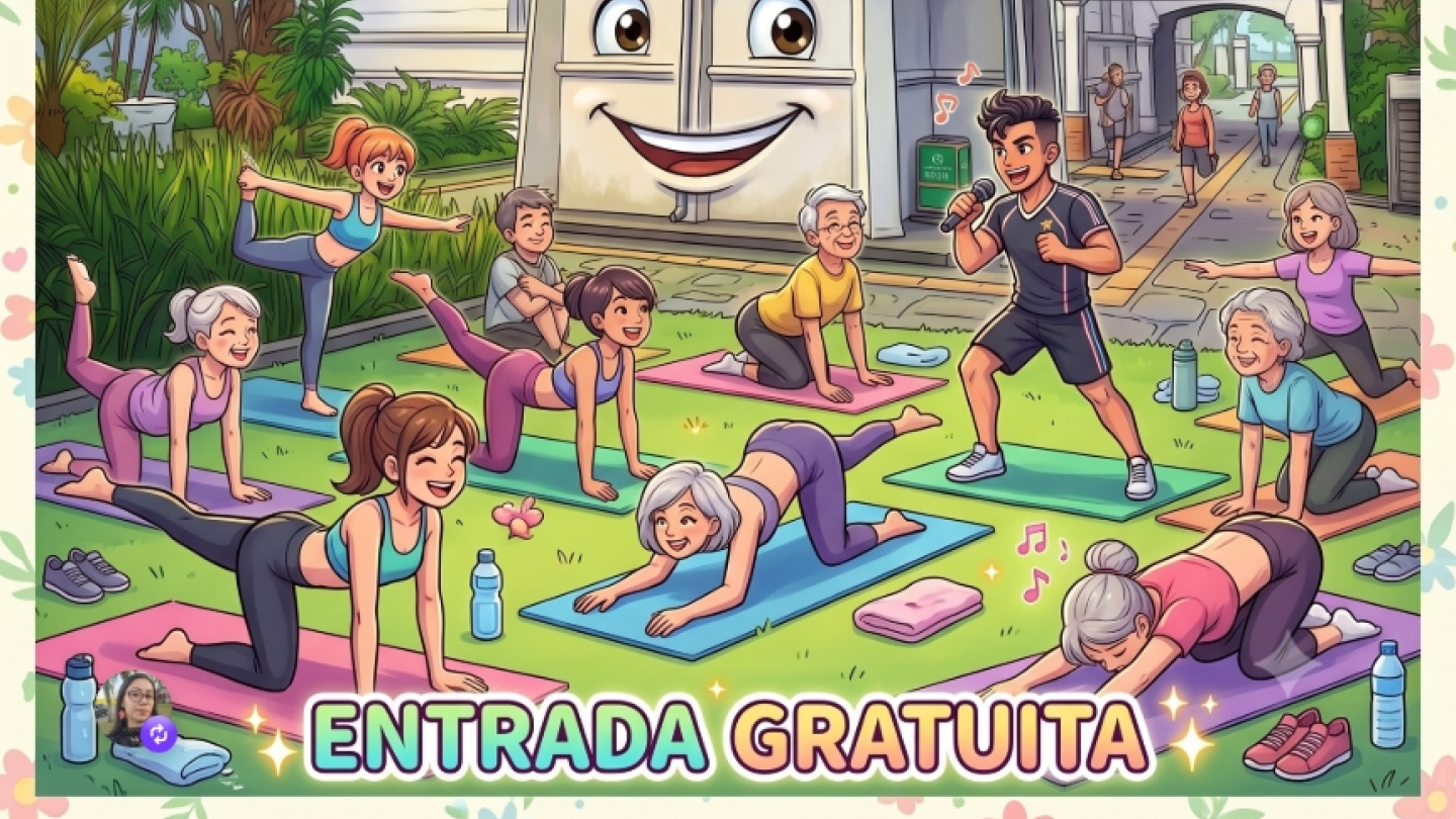 Cartaz ilustrado da atividade "Pilates nos Jardins da Pinacoteca Benedicto Calixto". A arte mostra um grupo de pessoas praticando exercícios de pilates ao ar livre sobre colchonetes coloridos, em meio aos jardins da Pinacoteca. Participantes de diferentes idades realizam alongamentos e movimentos guiados por um instrutor com microfone. O evento acontece no domingo, 14 de junho, às 10h, com entrada gratuita.
