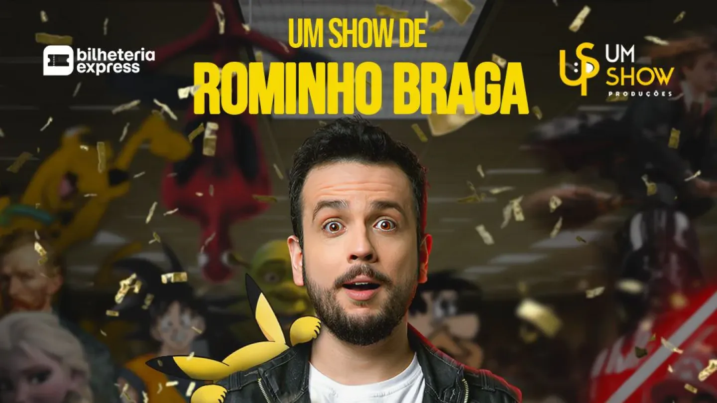 Cartaz do espetáculo de stand-up "Adivinha Quem É?", de Rominho Braga. O humorista aparece em destaque segurando um quadro branco com o nome do show escrito à mão. Ao fundo surgem personagens da cultura pop e animações, enquanto confetes dourados caem pela cena. O cartaz informa apresentação em Santos, no Rusbé, no dia 13 de julho, às 20h.