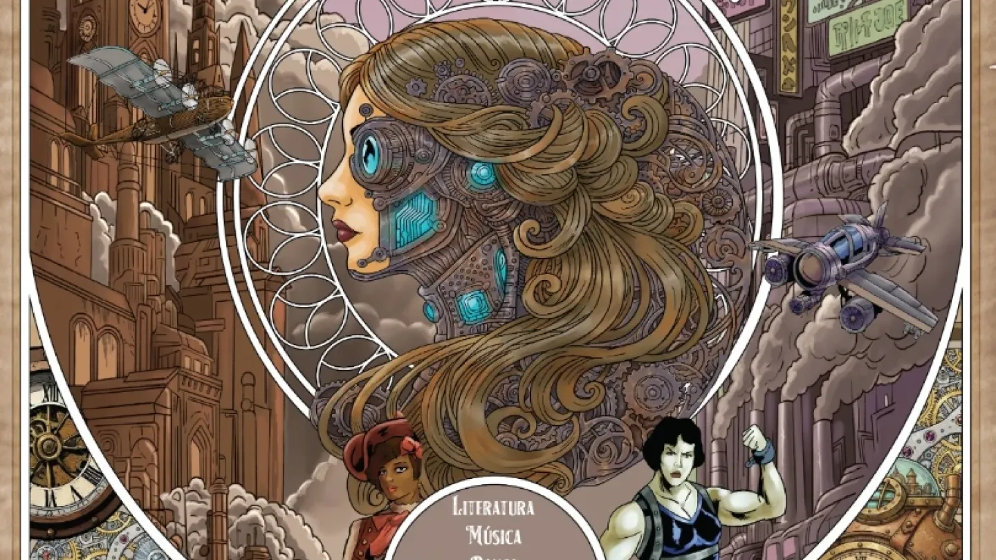 Cartaz do evento "Steampunk Santos 2026 – All Punks". A ilustração apresenta uma cidade futurista inspirada na estética steampunk, com dirigíveis, aeronaves, engrenagens, relógios e edifícios industriais. No centro, destaca-se o perfil de uma personagem com elementos mecânicos e cibernéticos integrados ao rosto e aos cabelos. O cartaz utiliza tons de cobre, bege e lilás e informa a realização do evento nos dias 20 e 21 de junho, no Centro Histórico de Santos, com entrada gratuita.