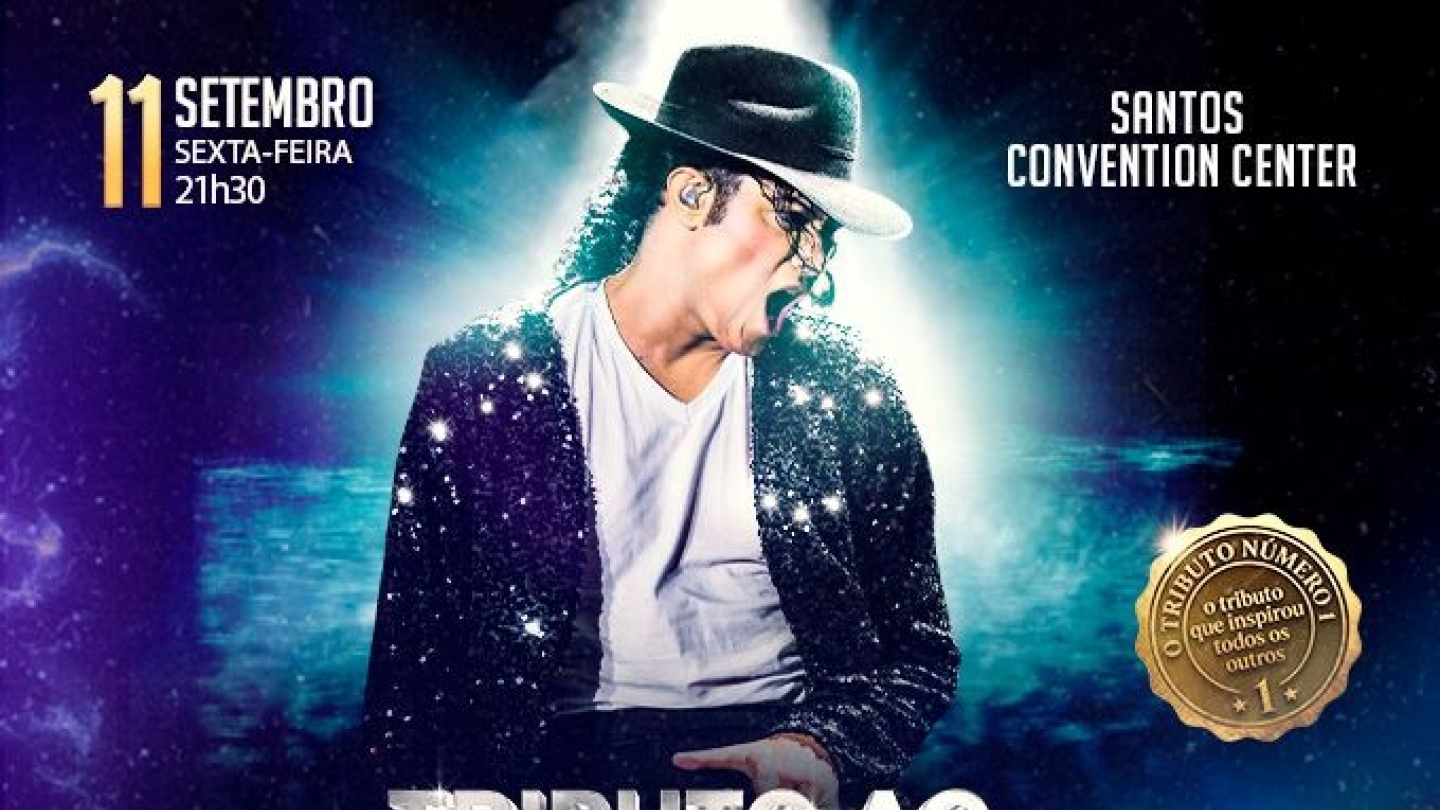 Cartaz do espetáculo "Tributo ao Rei do Pop", estrelado por Rodrigo Teaser. Ao centro, o artista aparece caracterizado como Michael Jackson, usando chapéu preto, camiseta branca e jaqueta brilhante, sob uma intensa iluminação de palco em tons de azul e roxo. O título do espetáculo está em destaque na parte inferior, acompanhado das informações da apresentação no Santos Convention Center em 11 de setembro.