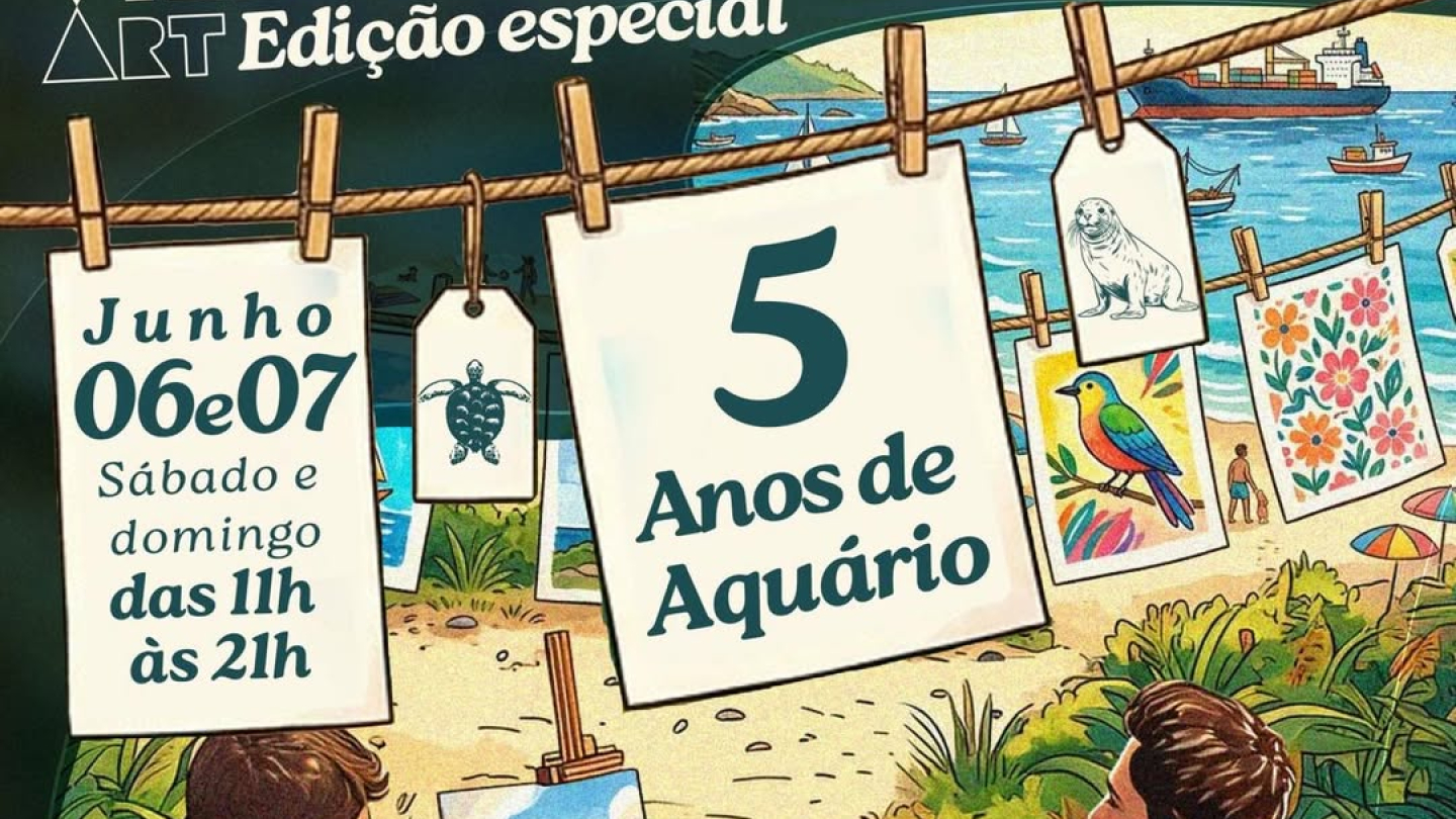 Cartaz ilustrado de um evento artístico, nos dias 6 e 7 de junho, mostra um jovem pintando em uma tela ao lado de outro tocando violão em um gramado perto da praia, sob cartões pendurados em um varal