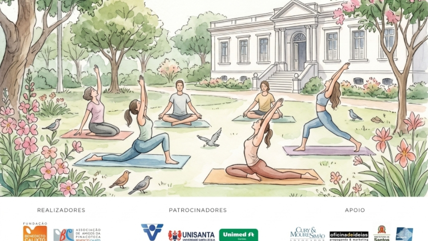 Cartaz da atividade "Yoga com Vanessa Amiki". A ilustração mostra um grupo de pessoas praticando yoga ao ar livre em um jardim florido, diante de um casarão histórico. Os participantes realizam diferentes posturas sobre tapetes espalhados pelo gramado, cercados por árvores, flores e pássaros. O cartaz informa que a atividade gratuita acontece no dia 6 de junho, às 10h, nos jardins da Pinacoteca Benedicto Calixto.