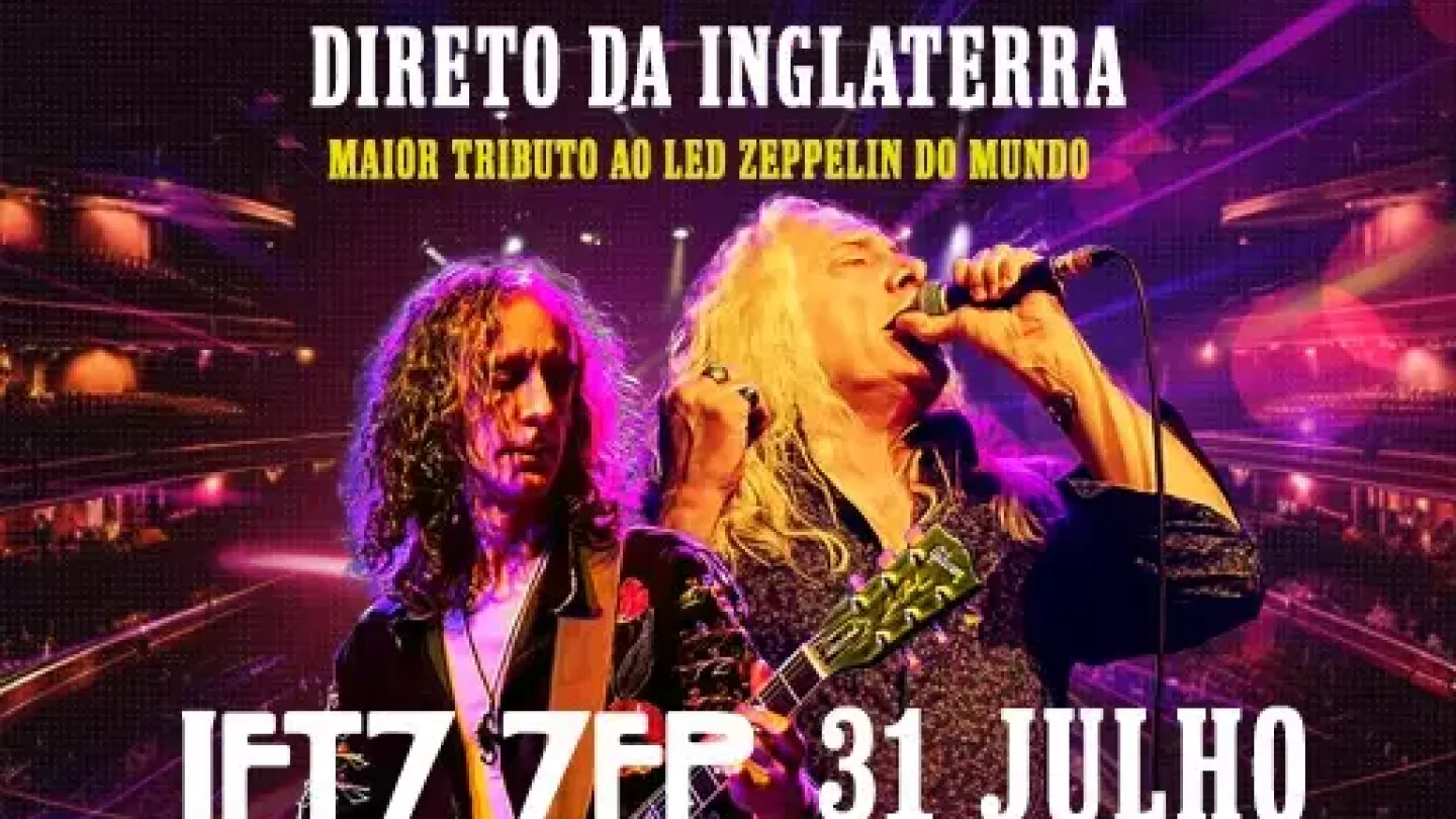 Cartaz do espetáculo "Letz Zep", tributo ao Led Zeppelin. A imagem mostra dois músicos em apresentação: um guitarrista de cabelos longos tocando guitarra e um vocalista cantando ao microfone. O fundo traz iluminação de palco em tons de roxo e rosa, remetendo a um grande show de rock. O cartaz destaca a apresentação em Santos, no Arena Club, em 31 de julho, e informa tratar-se de um tributo à banda Led Zeppelin.