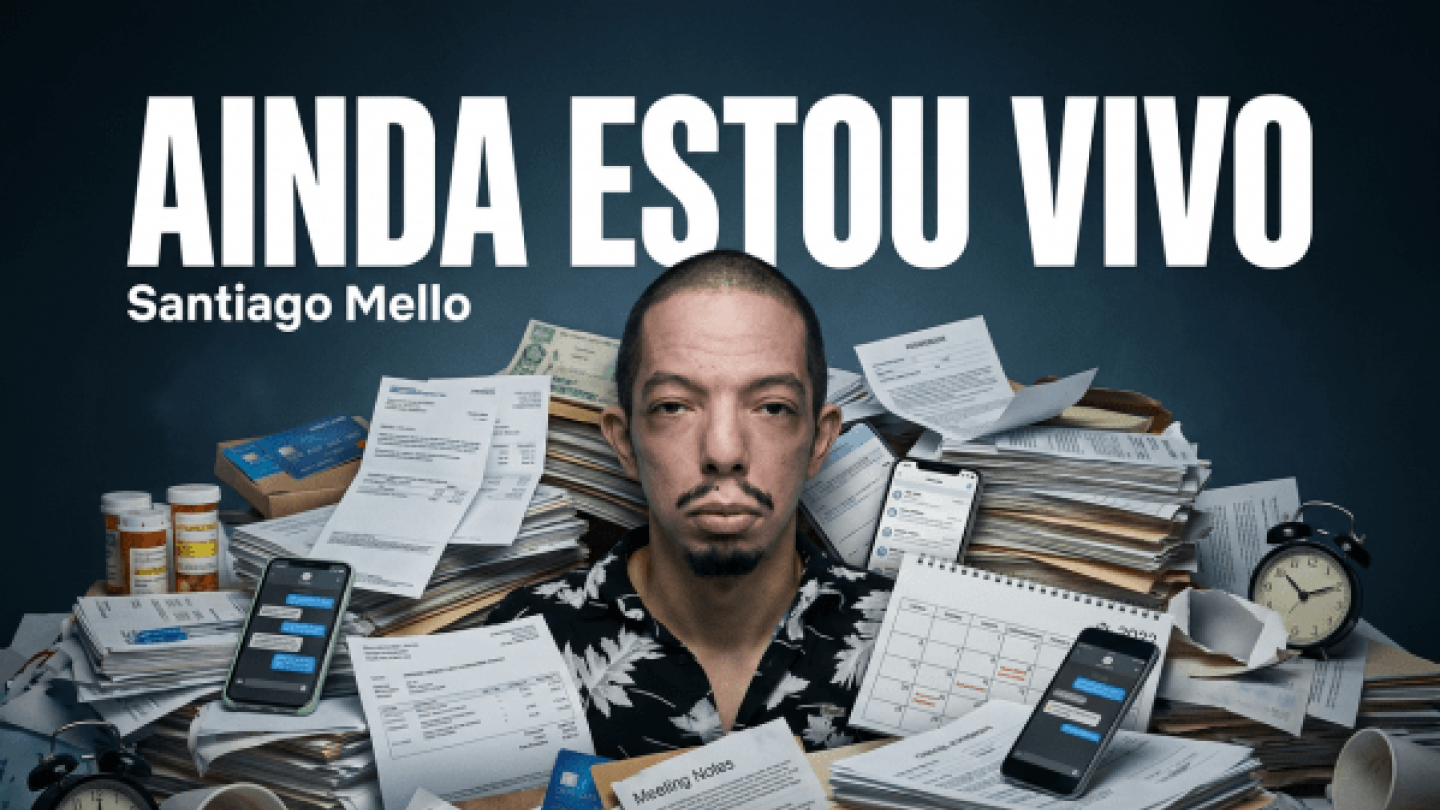 Cartaz promocional do espetáculo de stand-up "Ainda Estou Vivo", de Santiago Mello. O comediante aparece ao centro com expressão séria, cercado por pilhas de documentos, contas, receitas médicas, celulares com notificações, despertadores, copos de café e frascos de medicamentos, representando de forma bem-humorada os desafios e o caos da vida adulta. O título "Ainda Estou Vivo" ocupa o topo da arte em destaque.