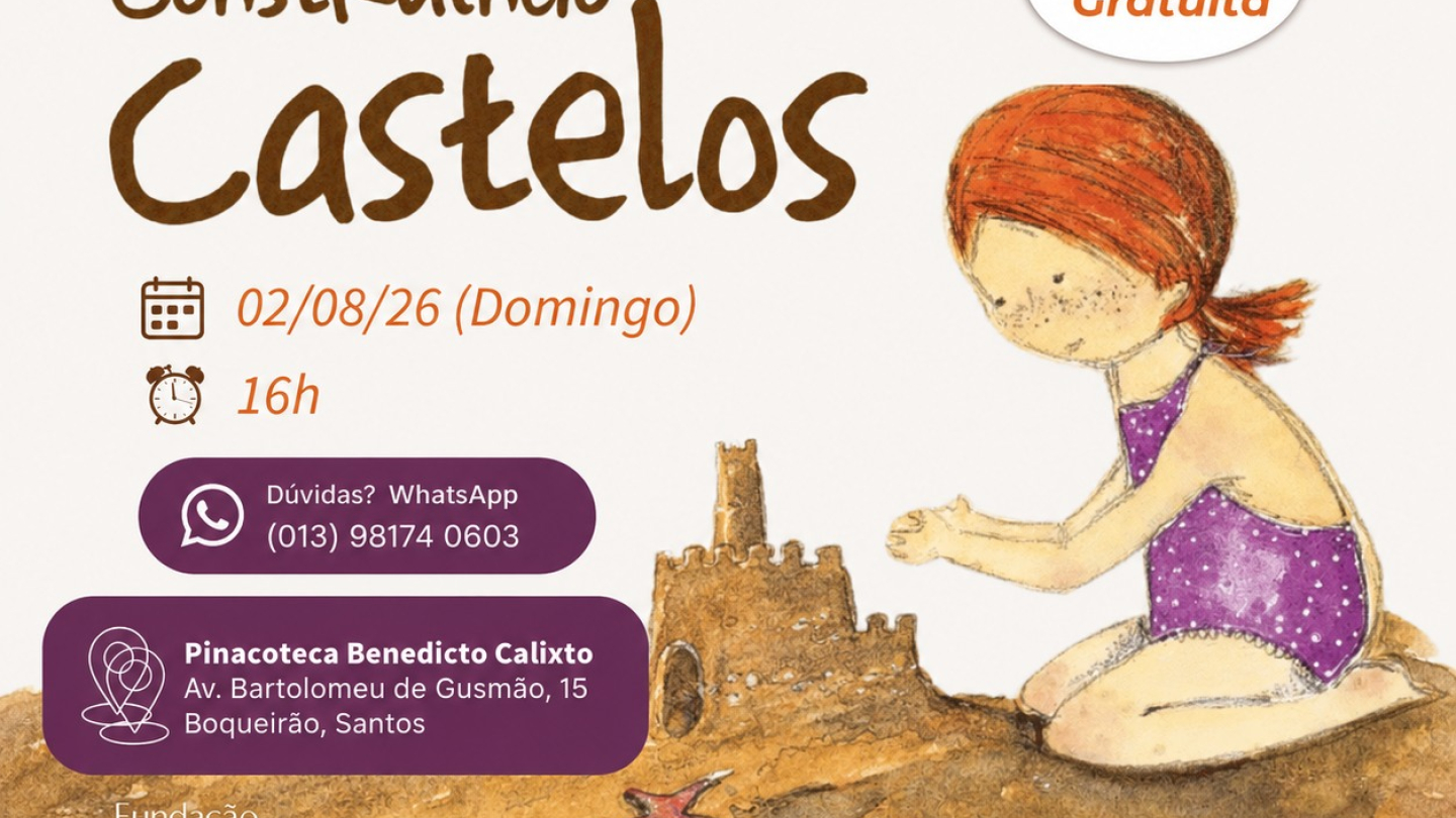 Cartaz de divulgação de uma contação de histórias com ilustração de uma criança sentada na areia construindo um castelo. A arte utiliza tons suaves e destaca o clima lúdico e infantil, com elementos de praia, como um castelo de areia, uma estrela-do-mar e conchas