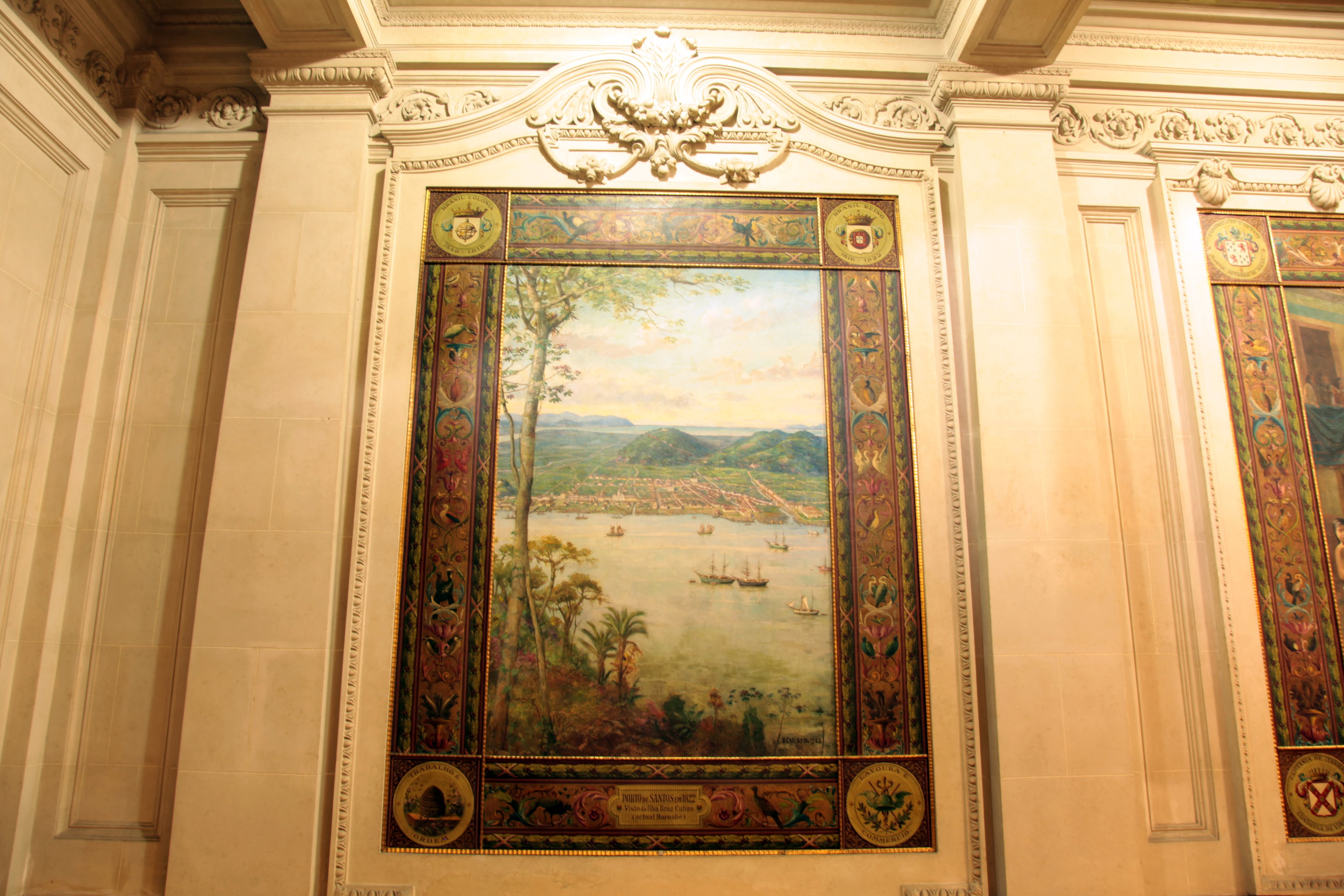 Foto do quadro esquerdo do Tríptico de Benedicto Calixto, que retrata a fundação da vila de Santos