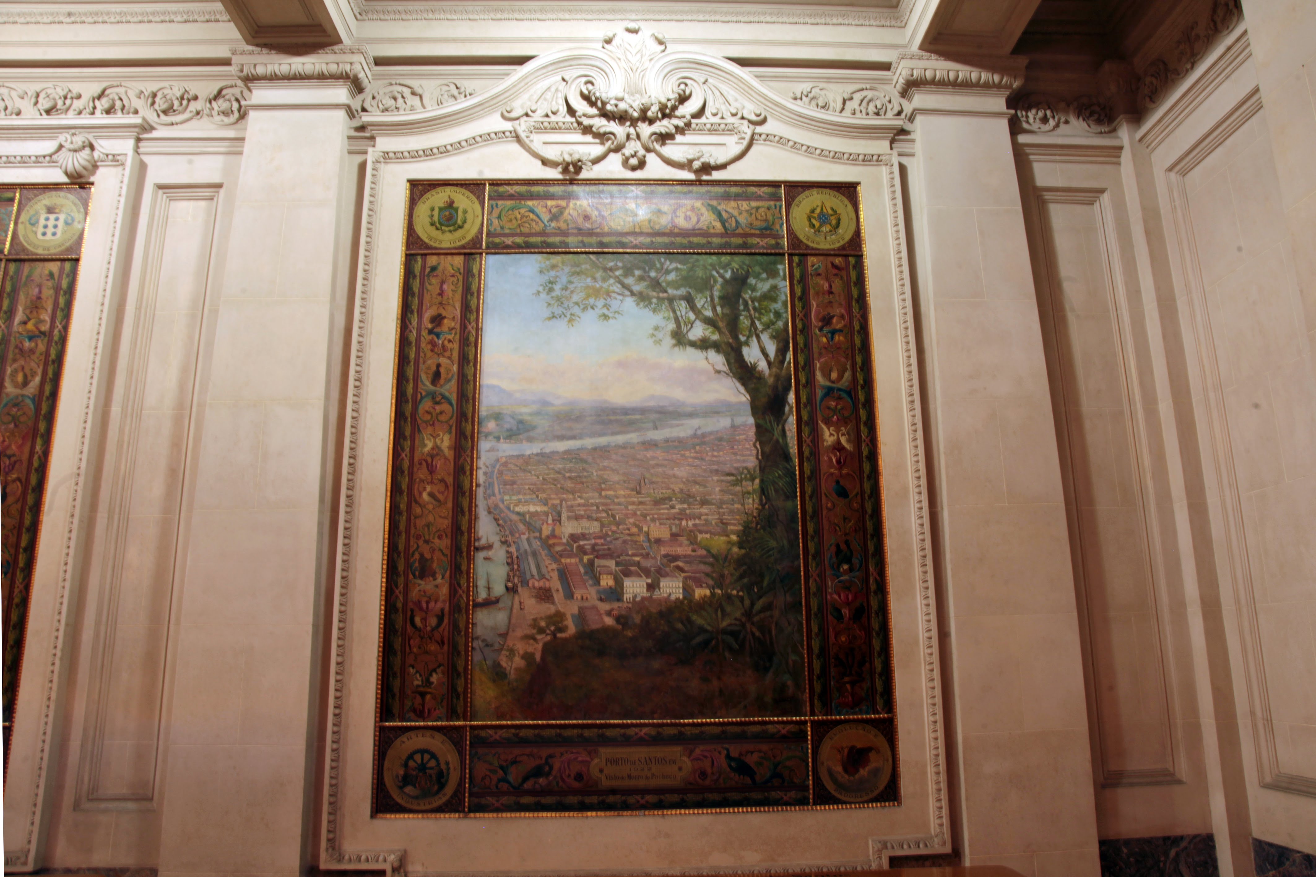 Foto do quadro direito do Tríptico de Benedicto Calixto, que retrata a fundação da vila de Santos