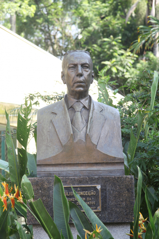 Busto de bronze de um homem em traje formal, exposto sobre pedestal de pedra cercado por plantas