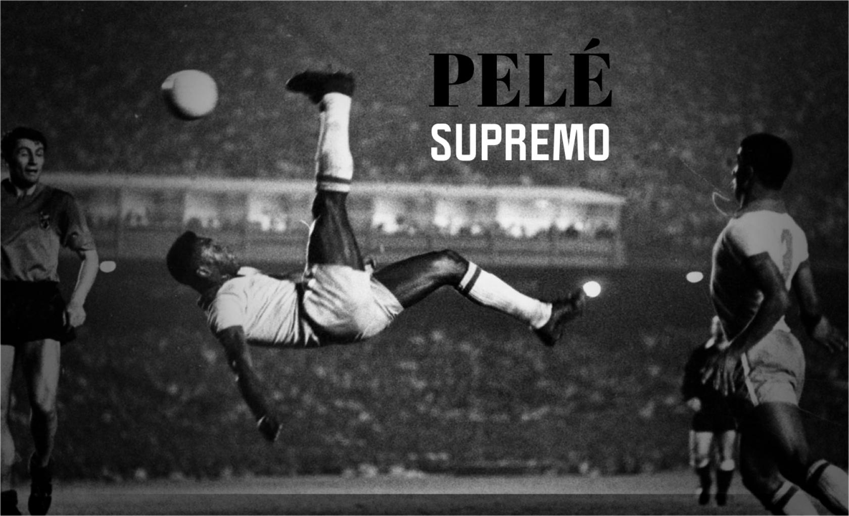  A imagem é uma representação artística de Pelé intitulada "Pelé Supremo". Ele está com uma expressão focada, vestindo a camisa 10 da seleção brasileira. A ilustração destaca a excelência e a supremacia de Pelé no futebol, incluindo elementos gráficos simbólicos como estrelas ou troféus.