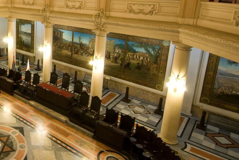 Foto central do Tríptico de Benedicto Calixto, que retrata a fundação da vila de Santos