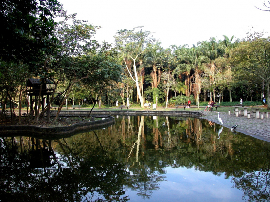 Cena de um parque com espelho d’água refletindo árvores e o céu. À direita, há um caminho de pedras com bancos e pessoas caminhando ou sentadas. À beira da água, uma garça branca está parada. Ao fundo, muitas árvores altas e vegetação densa completam a paisagem natural.