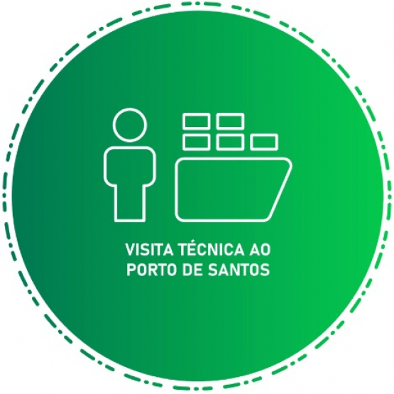 Aqui estão as descrições em português, inglês e espanhol:  Português (Curta) Um ícone circular em tons de verde, com borda tracejada. Dentro, em linha branca, estão a silhueta de uma pessoa e um navio de contêineres. O texto branco abaixo diz: "VISITA TÉCNICA AO PORTO DE SANTOS"