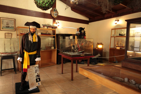 Modelo de um pirata em uma sala com prateleiras.