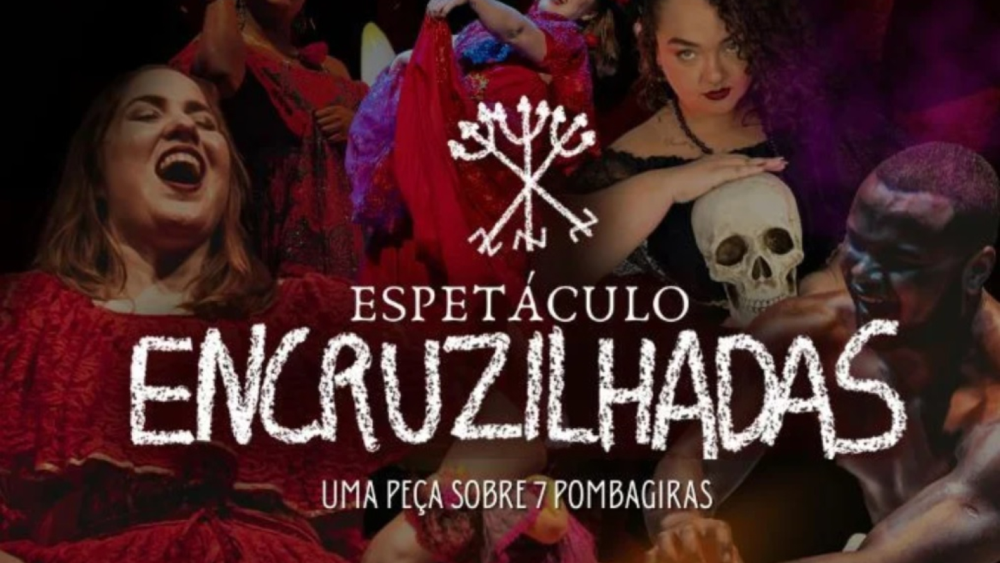 Cartaz do espetáculo teatral "Encruzilhadas", com imagens de atores em cena