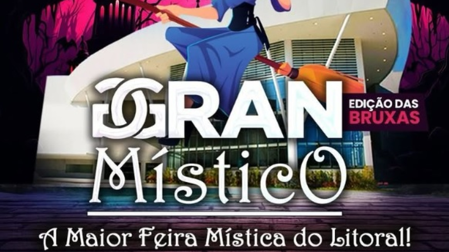 Cartaz do Gran Místico bazar, com desenho de uma bruxa, em frente da fachada do Santos Convention Center