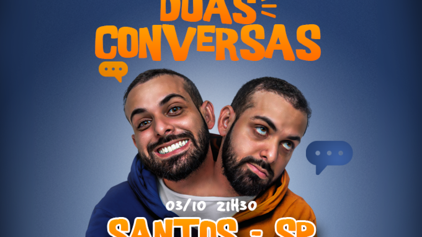 Cartaz do espetáculo “Duas Conversas”, de Ítalo Sena, com duas cabeças, que acontecerá em 3/10 às 21h30 no Centro Cultural Português, em Santos