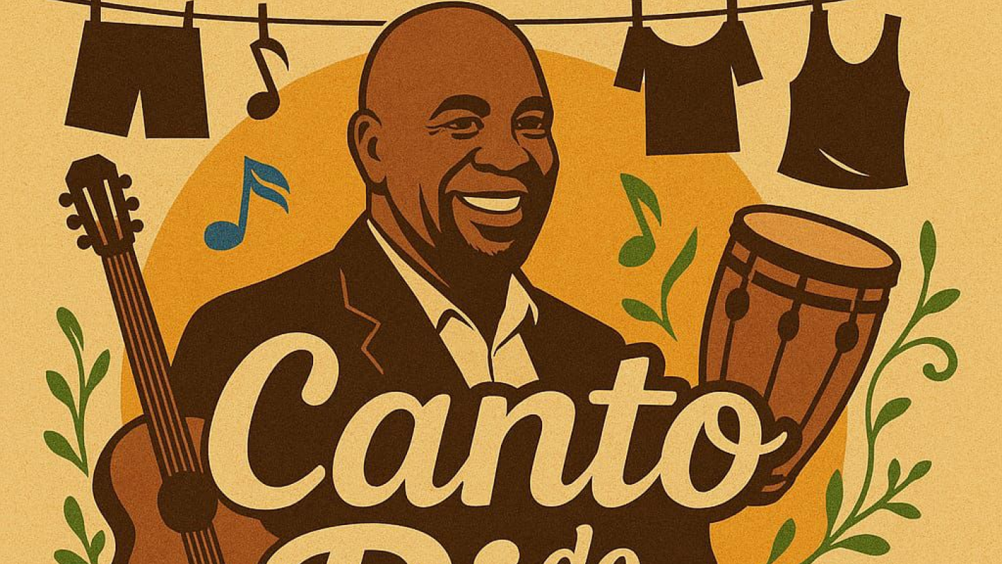 Ilustração em estilo retrô com um homem sorridente segurando um tambor, rodeado por instrumentos de samba como violão e pandeiros