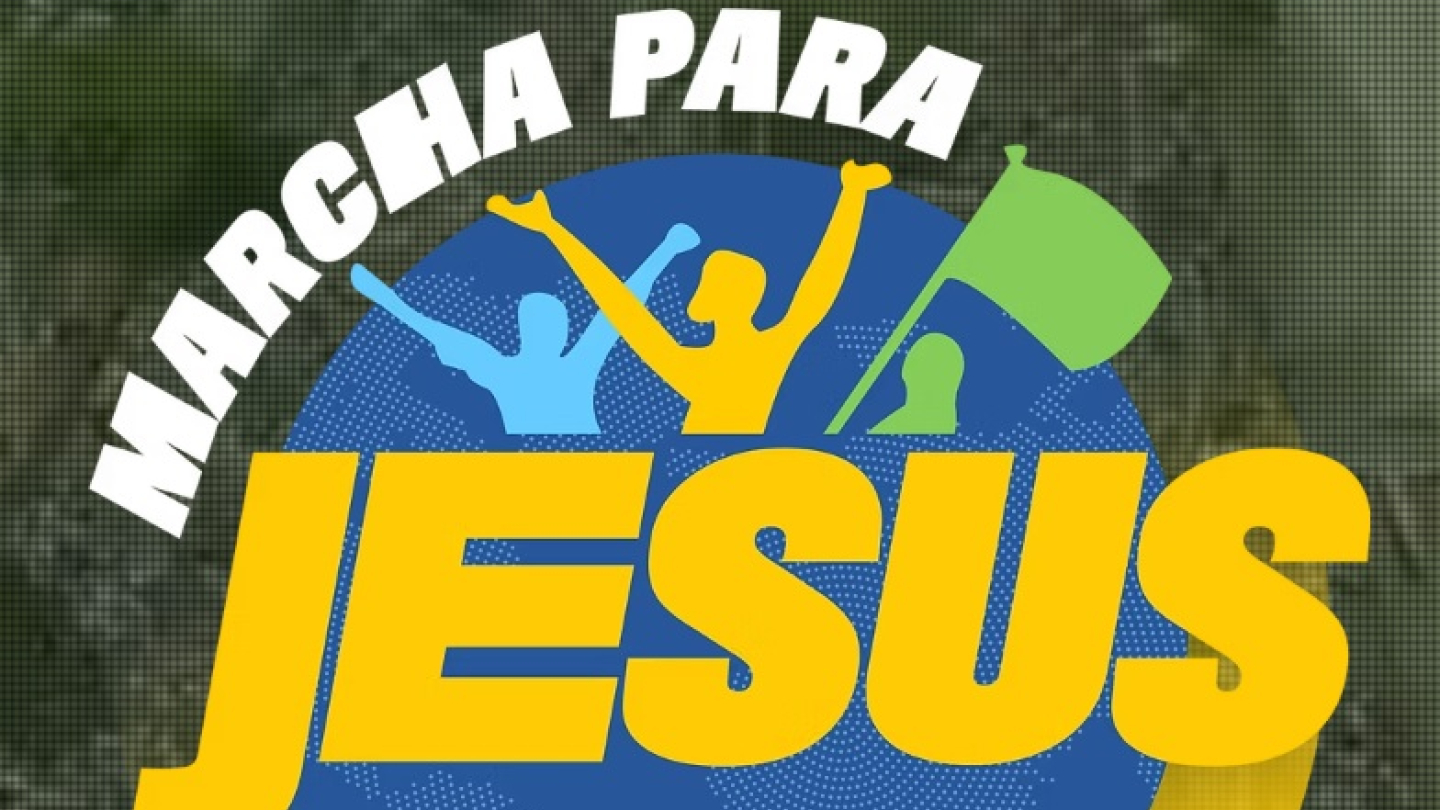 Logotipo Marcha para Jesus 2025, nas cores verde, amarelo, azul e branco 