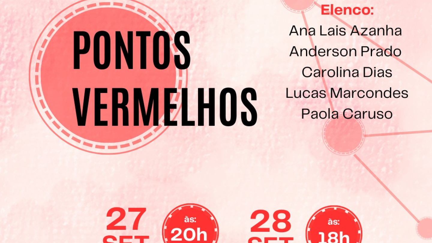 Cartaz da peça Pontos Vermelhos, dias 27 e 28 de setembro no Teatro Guarany em Santos
