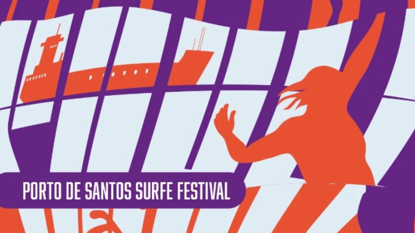 Imagem com os dizeres 'Porto de Santos Surfe Festival' em letras brancas e roxas num fundo vermelho