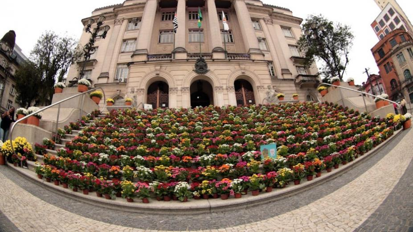 A imagem mostra a escadaria do Palácio José Bonifácio, sede da Prefeitura de Santos, toda decorada para o Festival da Primavera. Os degraus estão cobertos por inúmeros vasos de flores coloridas, formando um belíssimo tapete floral que chama a atenção pela diversidade de cores, como amarelo, vermelho, rosa, branco e laranja.
