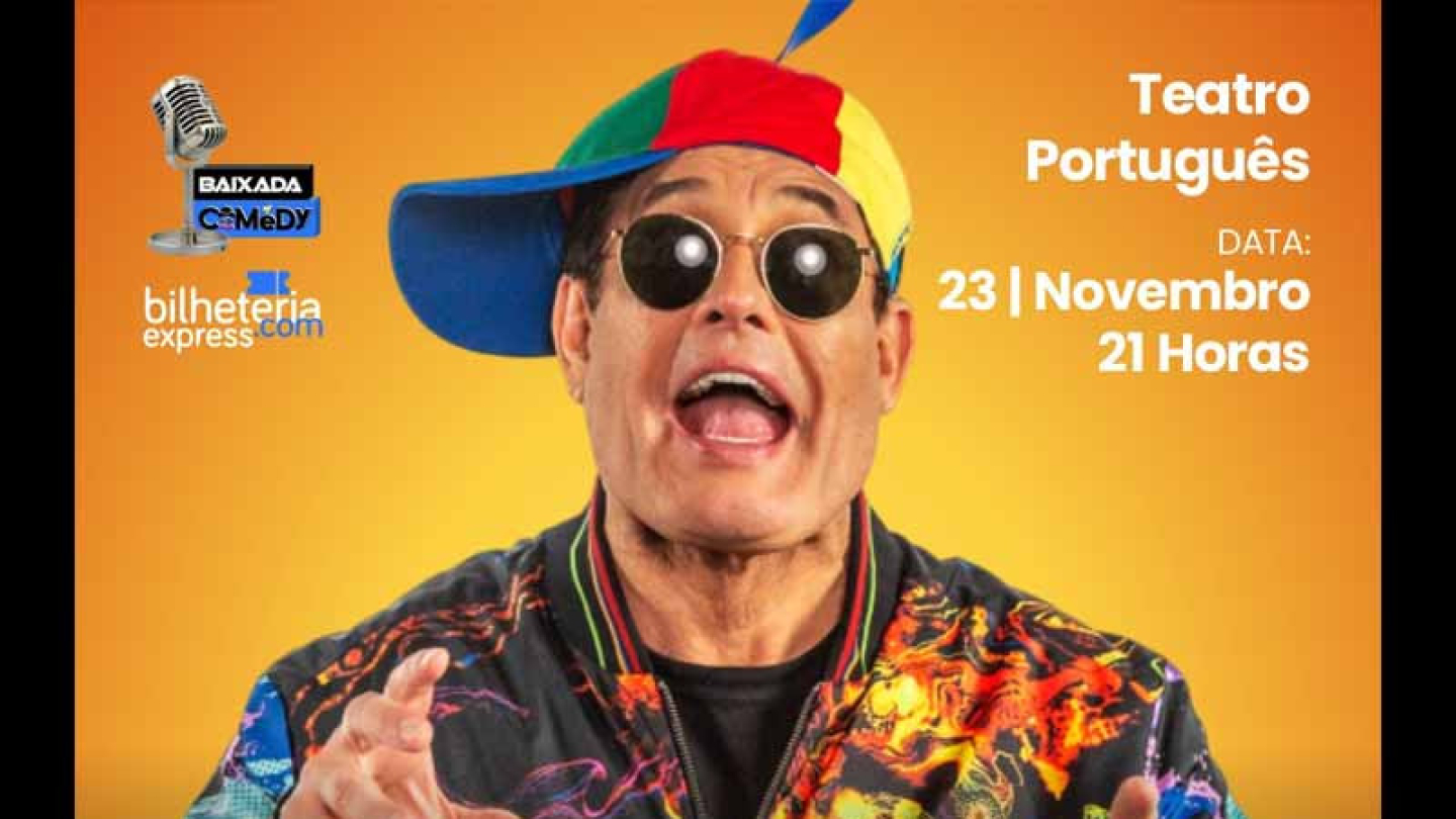 Homem com óculos escuros, boné colorido e casaco colorido e, em primeiro plano, a frase "Sérgio Mallandro Os perrengues do Mallandro"