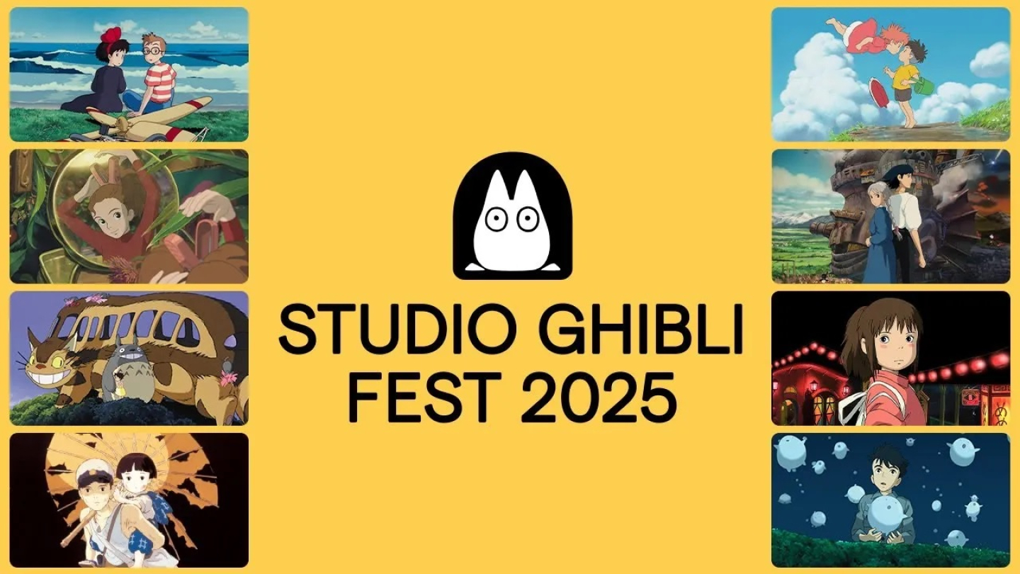 Cartaz com os dizeres Studio Ghibli Fest 2025, com 8 imagens de filmes de animação nas laterais