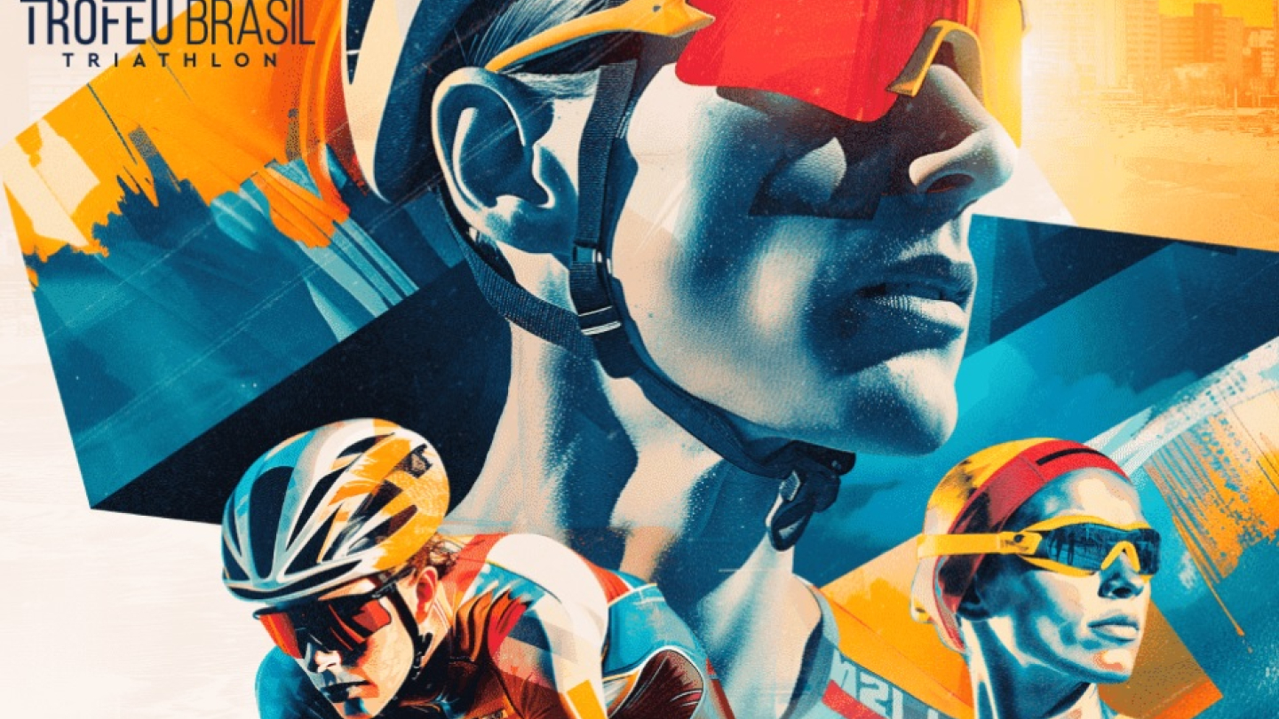 Ilustração colorida de 3 atletas de natação, corrida e ciclismo, do evento Troféu Brasil