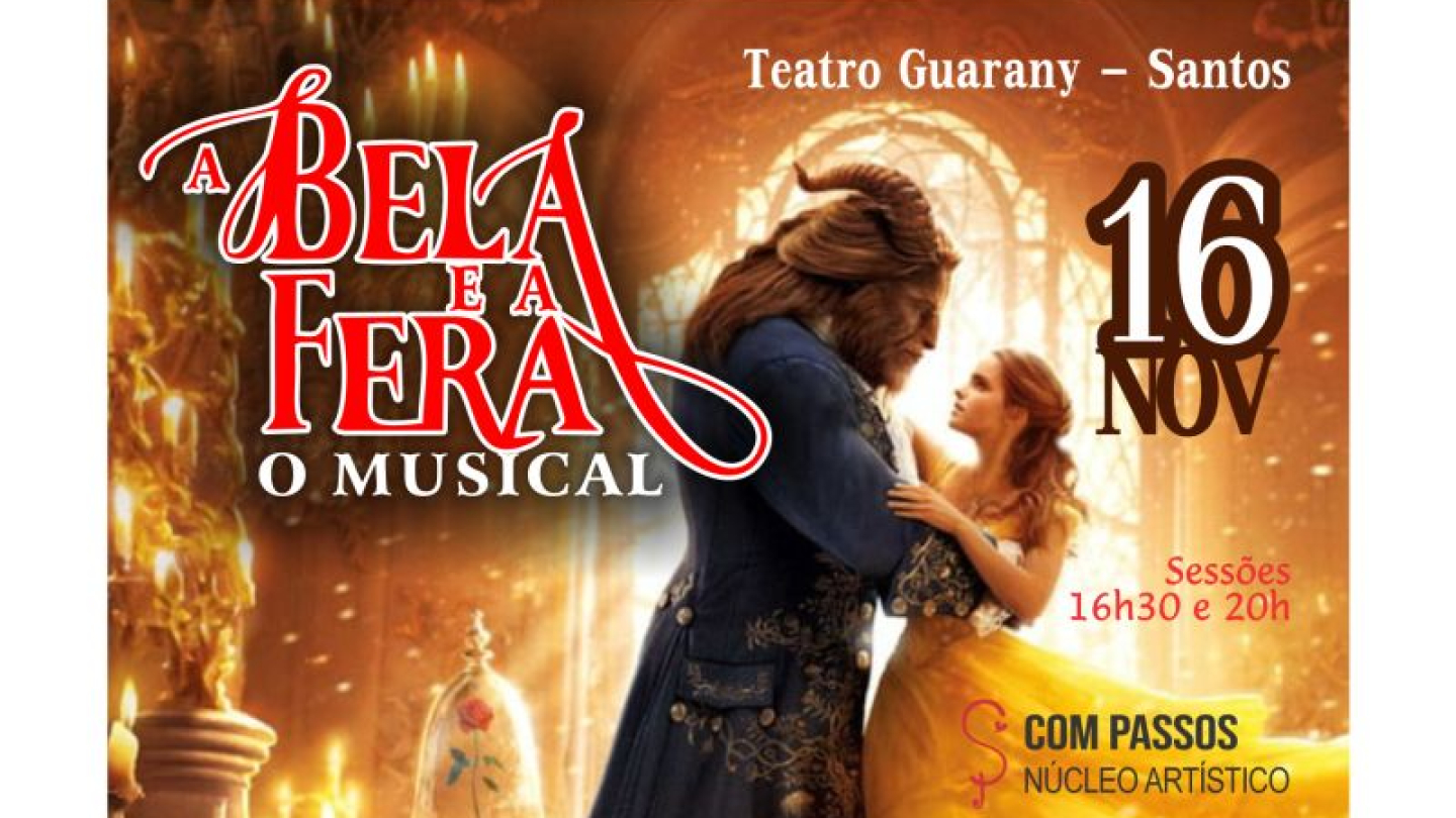 Cartaz do musical 'A Bela e a Fera', com os 2 personagens dançando juntos