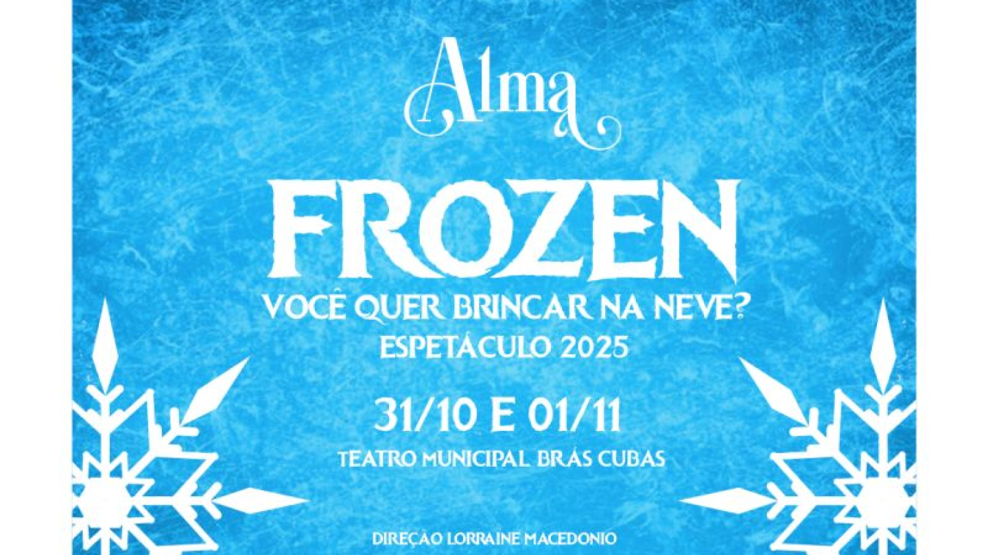 Cartaz do espetáculo de dança 'Alma Frozen', com fundo azul e flocos de neve