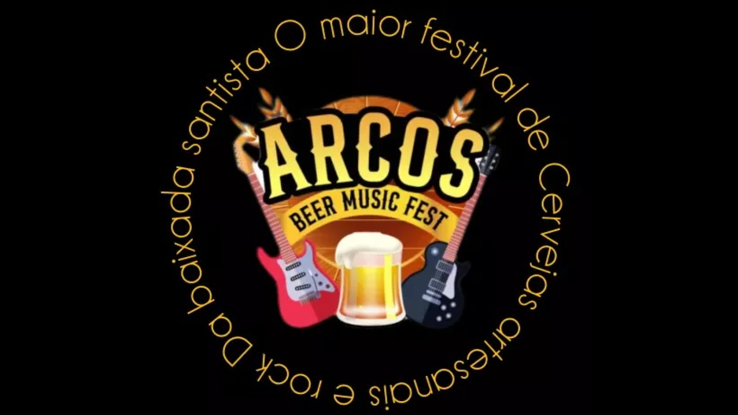Logotipo do evento Arcos Beer Music fest, com caneca de cerveja e guitarras, num fundo preto