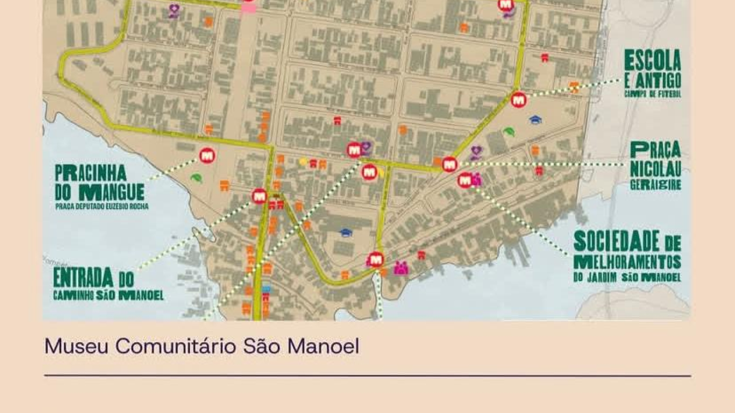 Cartaz do Museu Comunitário São Manoel com mapa do projeto “Caminho da Memória”, que destaca praças e locais históricos do bairro
