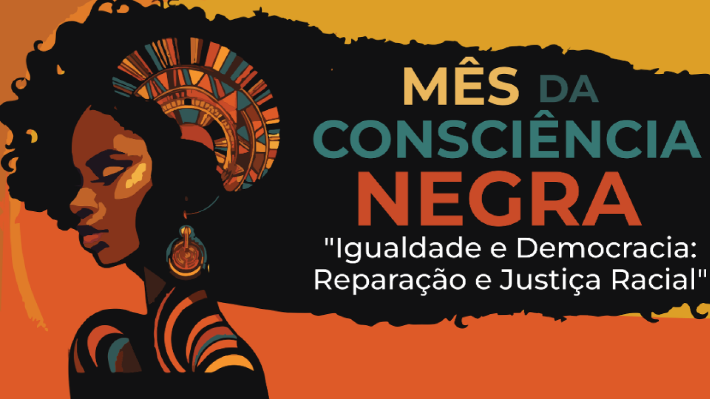 Desenho de mulher preta com cabelos ao vento, com fundo colorido laranja e amarelo, em celebração ao mês da Consciência Negra