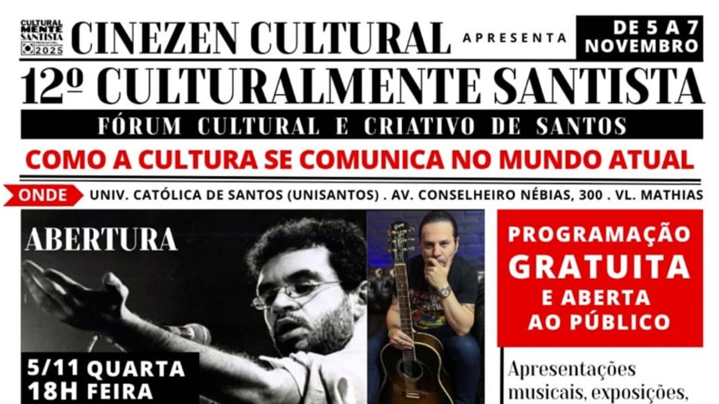 Cartaz com layout de jornal impresso, do evento Culturalmente Santista 2025