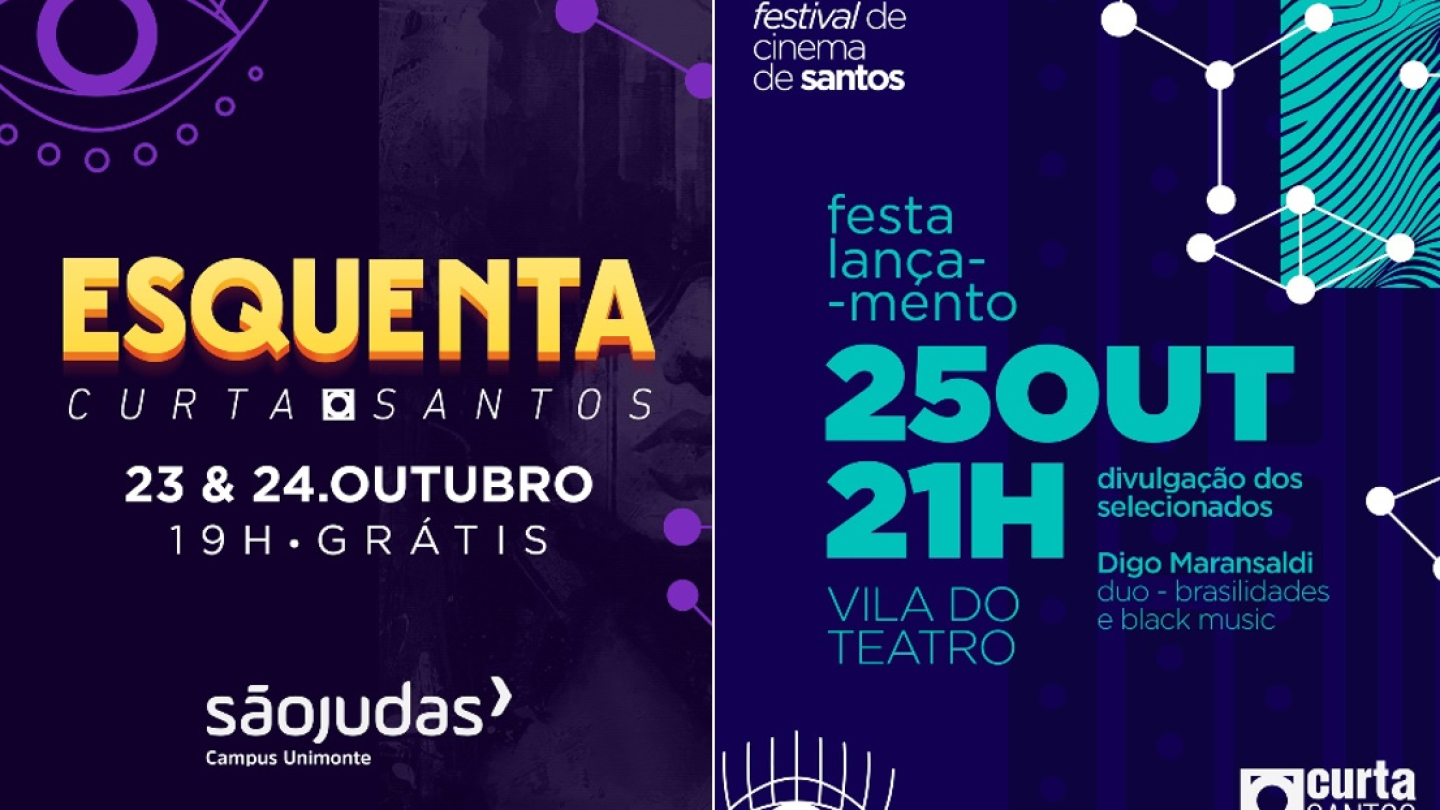 Cartazes do esquenta Curta Santos 2025, com atividades de 23 a 25 de outubro