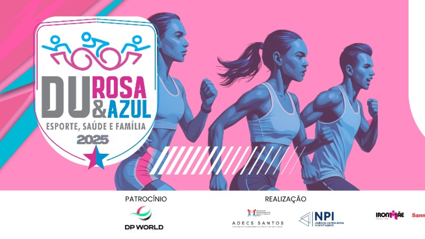 Cartaz da prova Duathlon Rosa & Azul, dia 23 de novembro no Complexo Rebouças em Santos