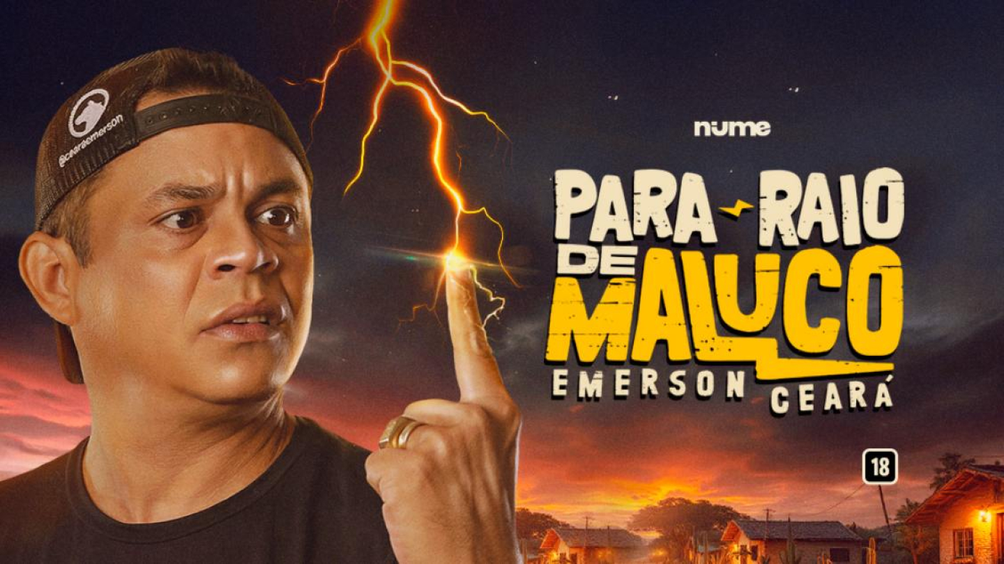 Cartaz do show de humor “Para-Raio de Maluco”, de Emerson Ceará, com o comediante apontando para um raio no céu ao entardecer e expressão surpresa