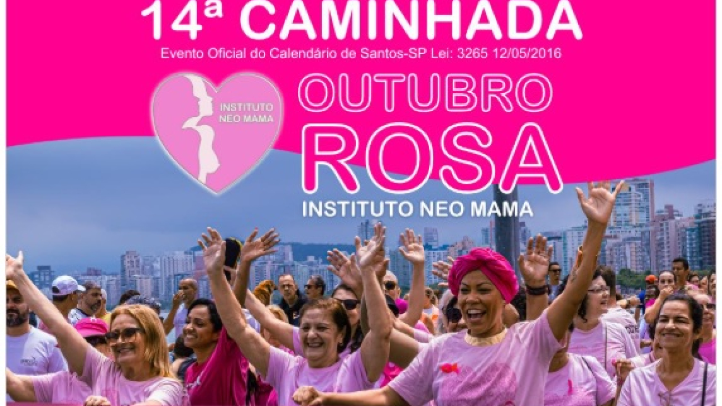 Cartaz da Caminhada Outubro Rosa Instituto NeoMama, com várias mulheres de camiseta rosa