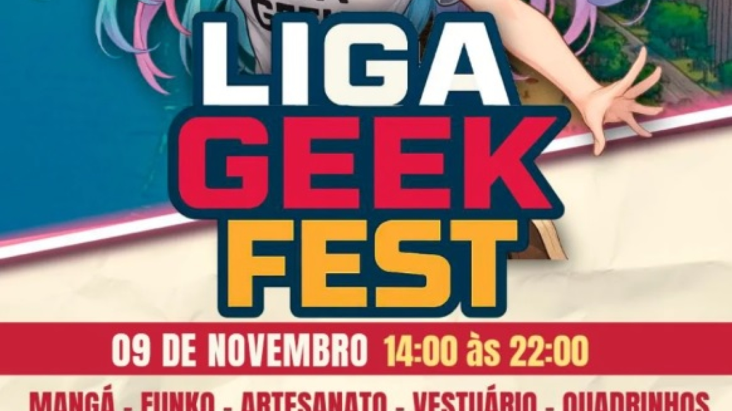 Cartaz do evento Liga Geek Fest, dia 9 de novembro, no Save Point em Santos