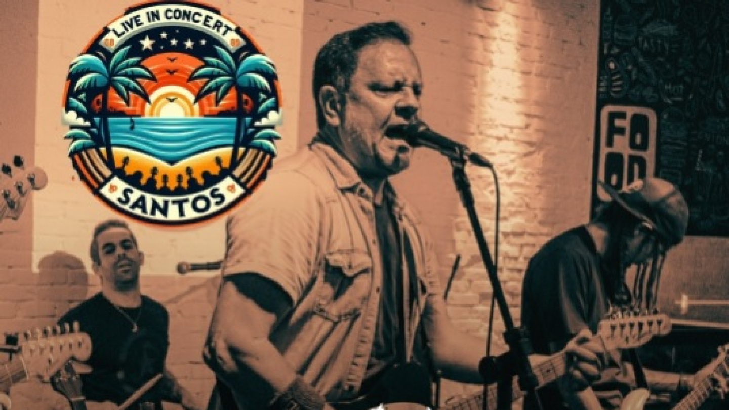 Cartaz do show Live in Concert na Pinacoteca de Santos, com imagem de uma banda tocando