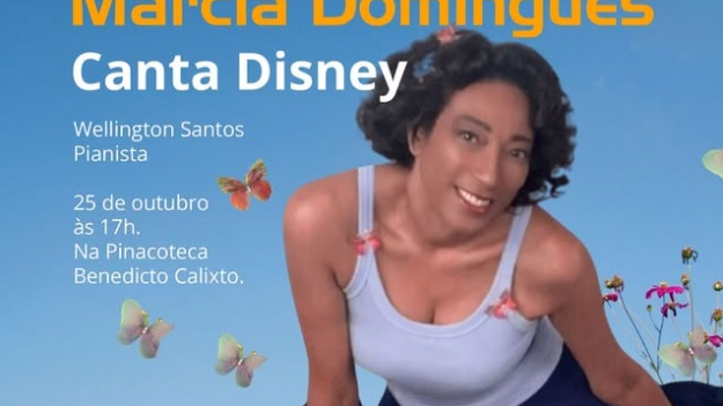 Cartaz do show “Márcia Domingues Canta Disney”, com a cantora sorrindo entre borboletas coloridas