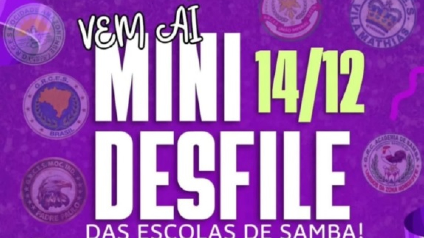 Cartaz do Mini Desfile das Escolas de Samba de Santos em 14 de dezembro na Lagoa da Saudade
