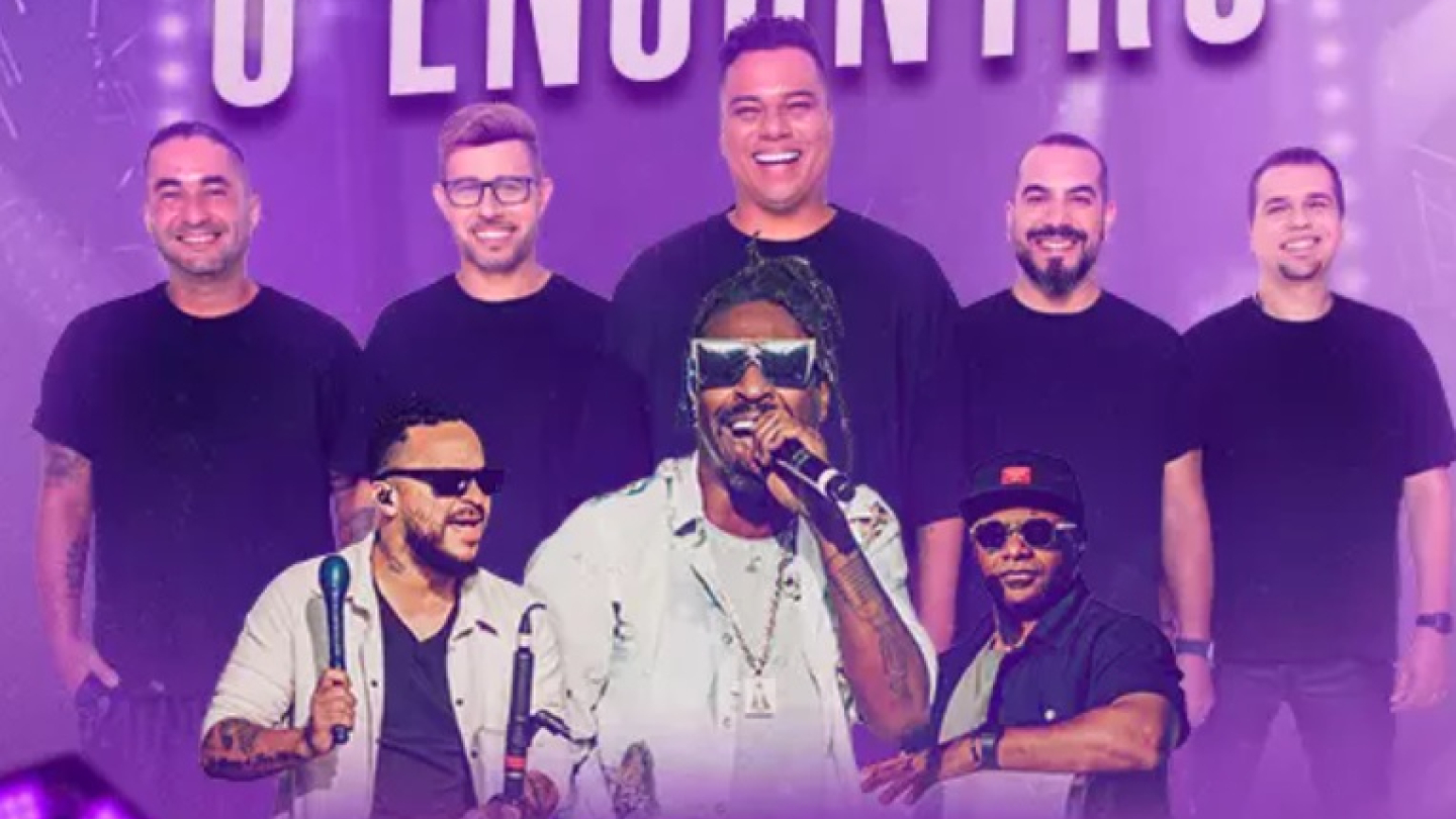 Cartaz do show 'O Encontro', com imagem dos grupos Sorriso Maroto e Pixote, num fundo roxo