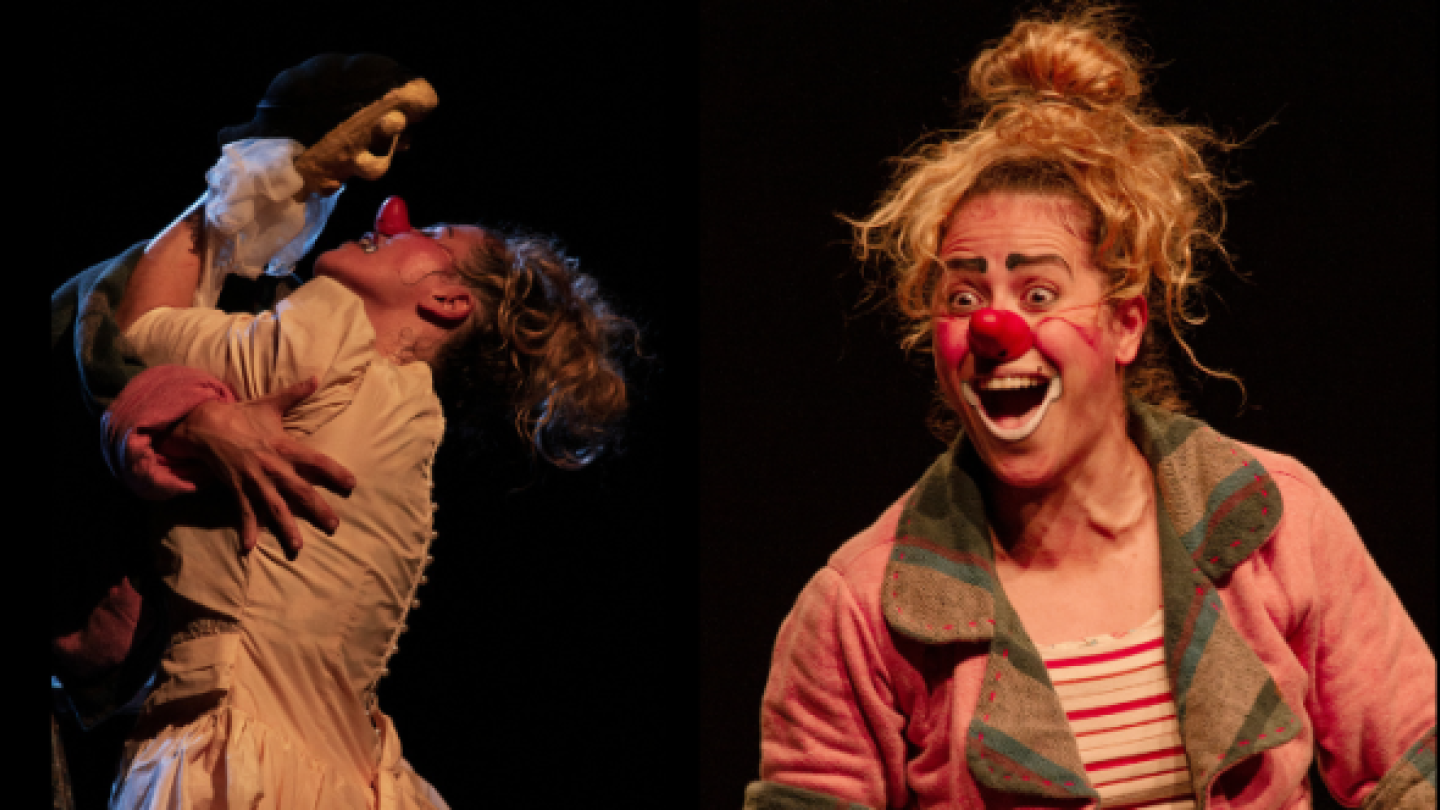 Imagem de 2 palhaças: a da esquerda abraça um boneco e a da direita tem expressão sorridente