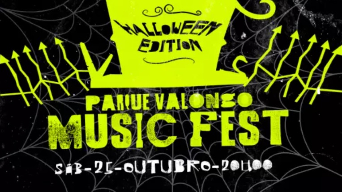 Cartaz do Parque Valongo Music Fest, numa silhueta de uma casa assombrada, com grades tortas