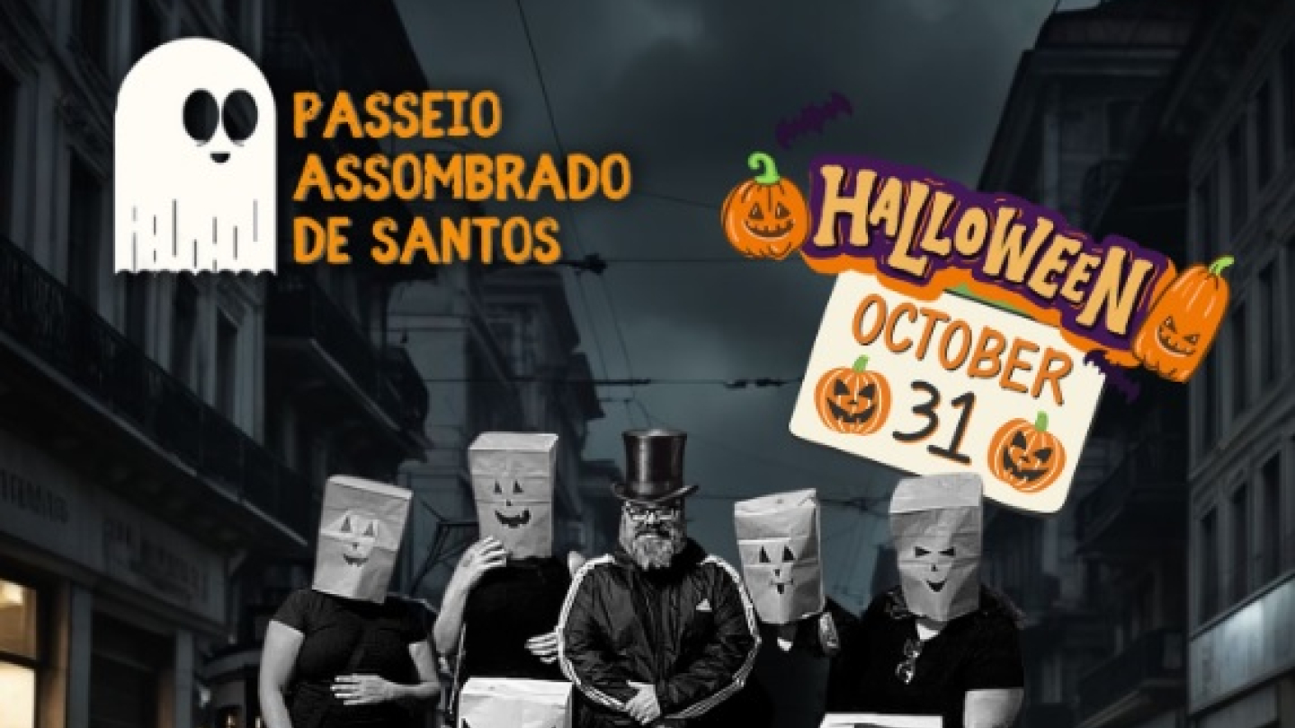 Cartaz do passeio assombrado edição Halloween, com pessoas fantasiadas num cenário sombrio