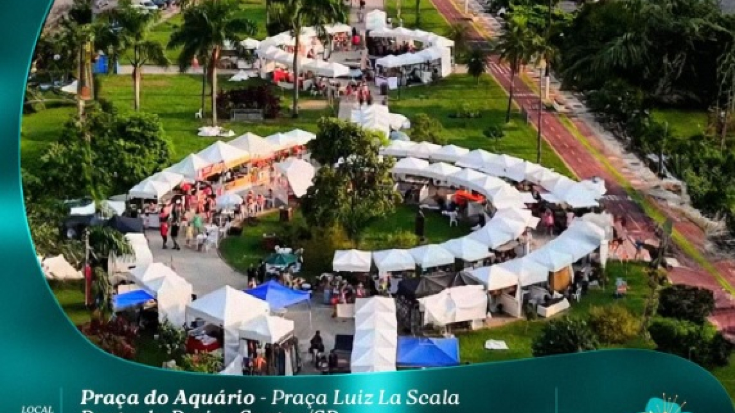 Cartaz da feira criativa Villarejo Art na Praça do Aquário em Santos, dias 8 e 9 de novembro