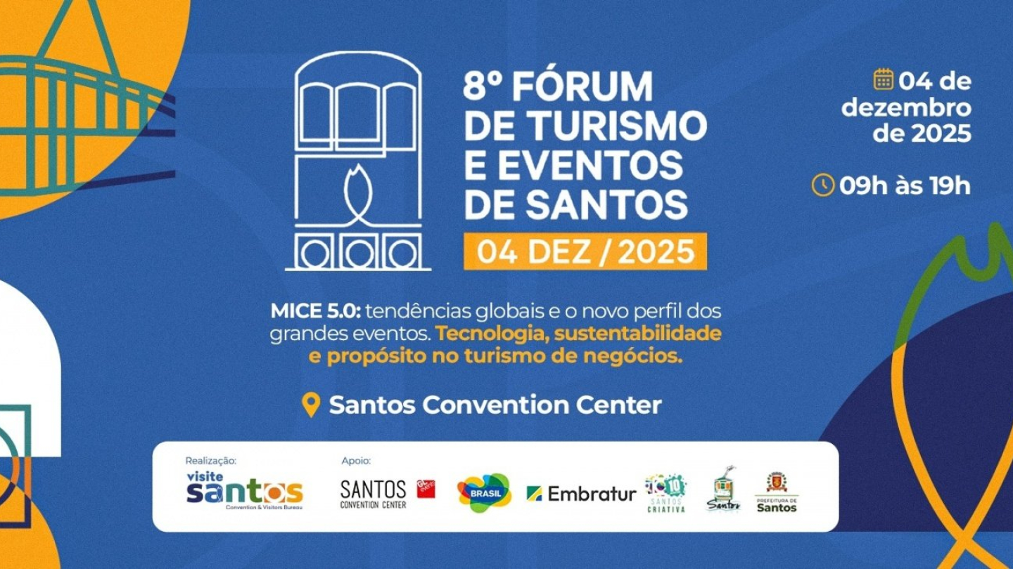  O cartaz com design em tons de azul e amarelo anuncia o "8º Fórum de Turismo e Eventos de Santos" no dia 04 de dezembro de 2025, abordando o tema MICE 5.0, tecnologia, sustentabilidade e propósito no turismo de negócios, a ser realizado no Santos Convention Center